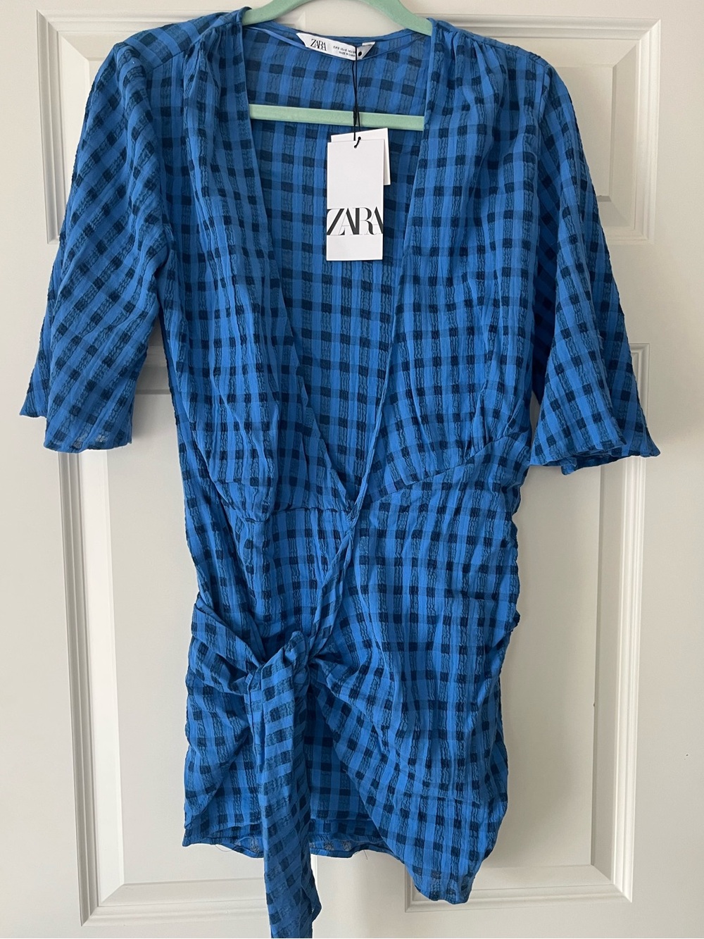Zara Carla Blue and Black Checked Tie-Waist Mini Dress